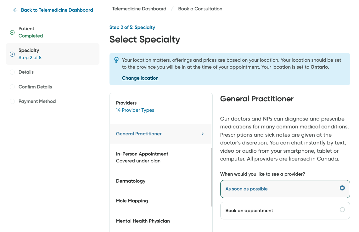 The Select Specialty screen in the Booking flow.