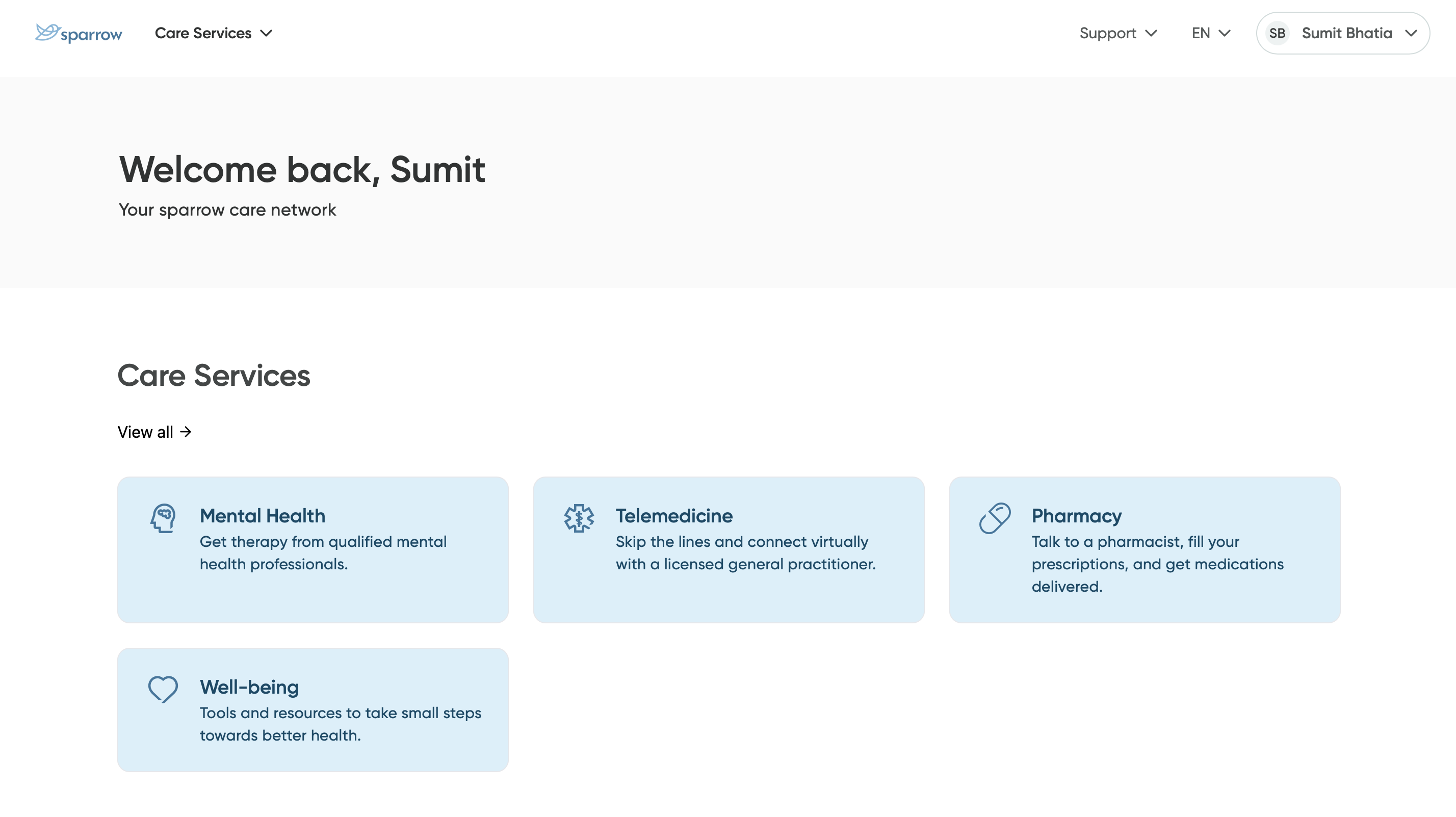 Un exemple de l'application sparrow montrant les sections clés de la barre de navigation, du consultation, de la télémédecine et de la pharmacie.