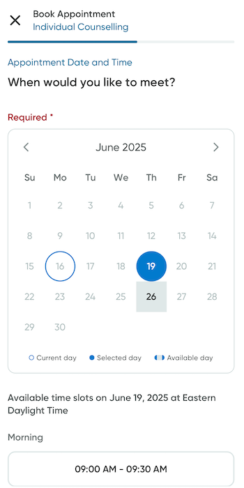 The calendar screen of the appointment booking flow.