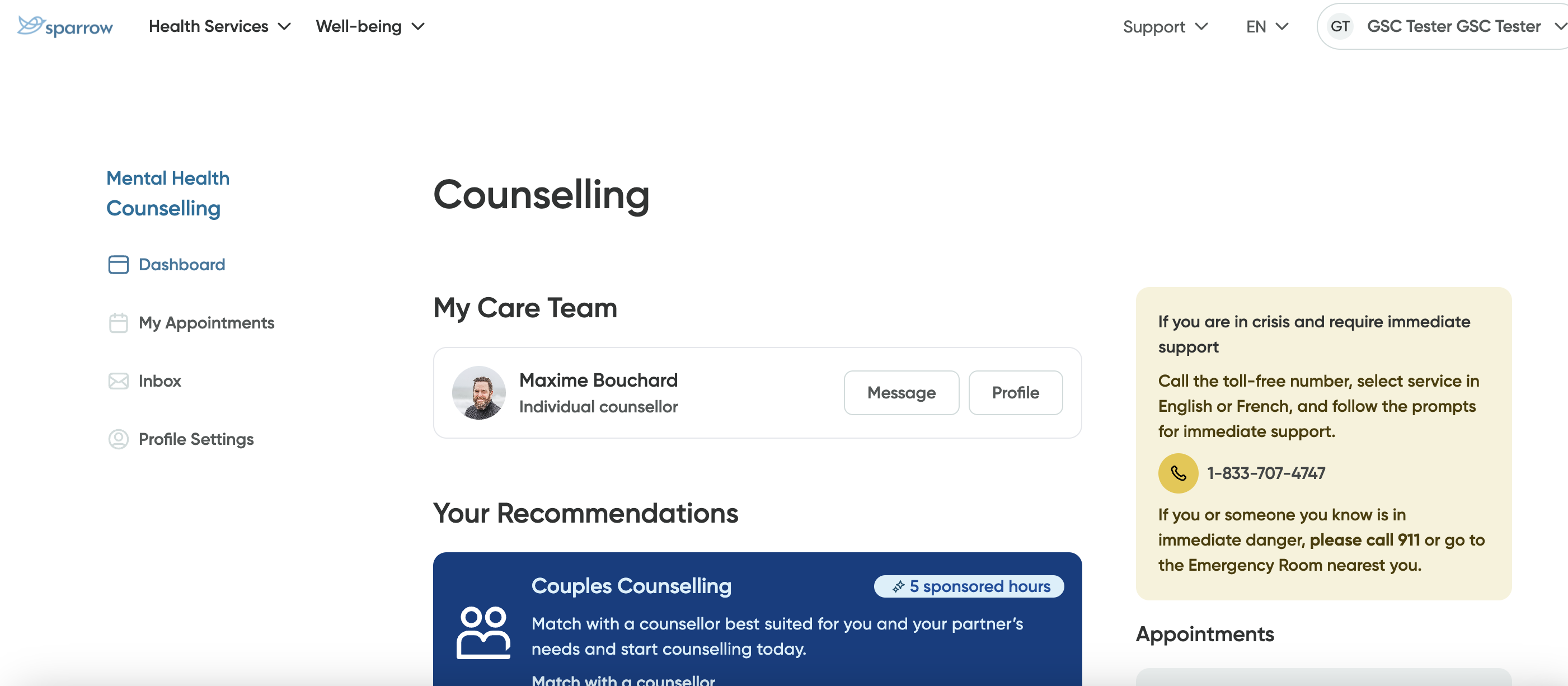 The Mental Health Counselling dashboard screen.