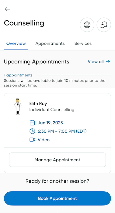 An overview of the mental health section of the mobile app.