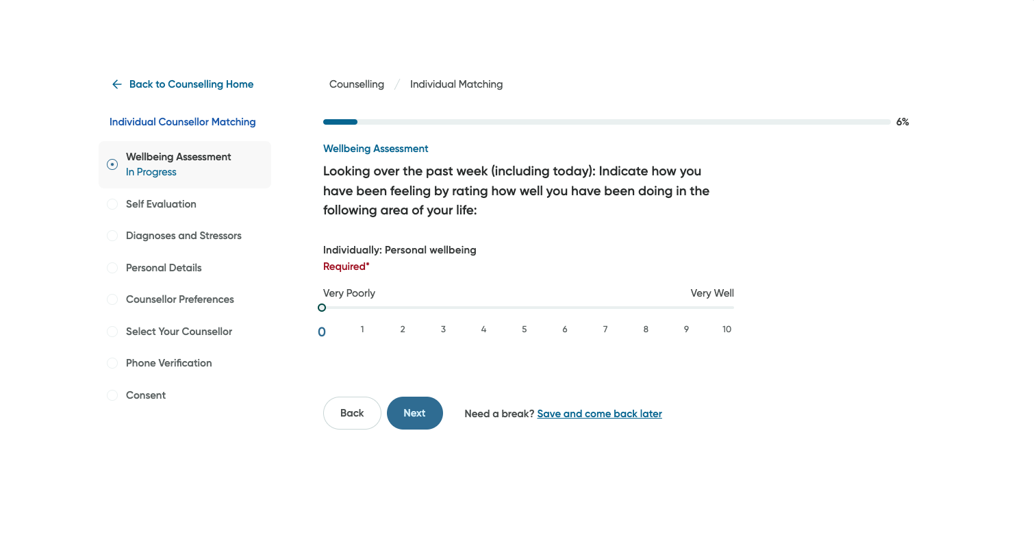 The first step in the individual counselling matching flow.