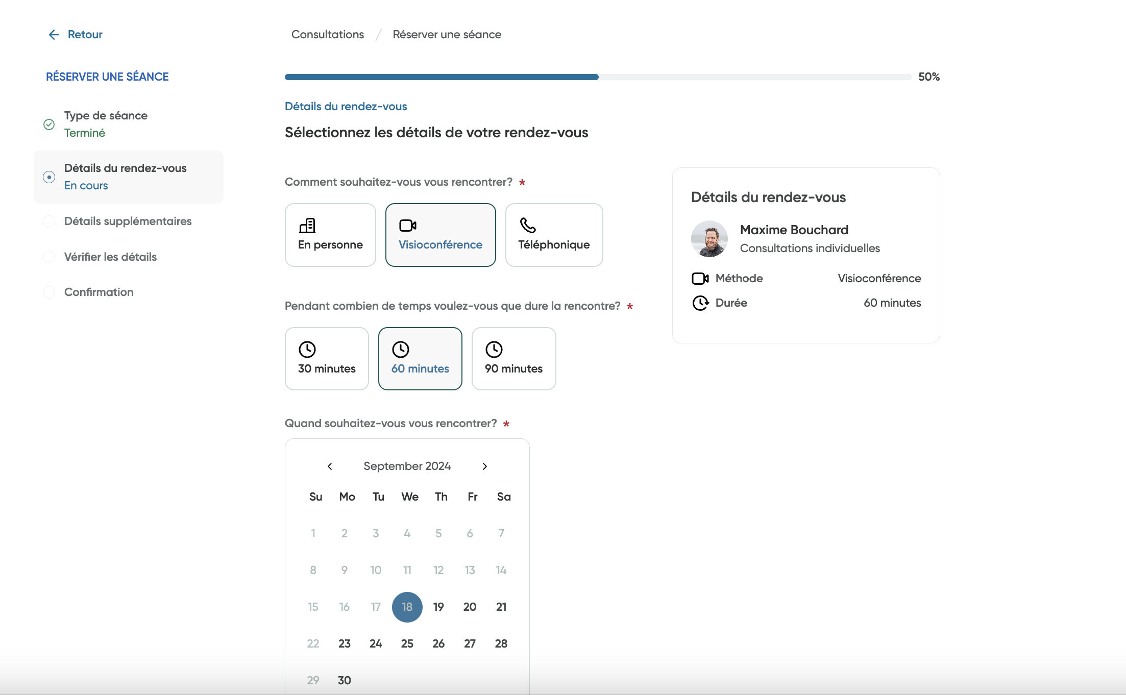 Détails du rendez-vous dans le processus de prise de rendez-vous.