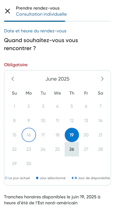 Le calendrier dans le processus de prise de rendez-vous.