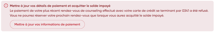Bannière de paiement client en souffrance qui apparaît sur le tableau de bord et invite le client à payer son solde impayé.