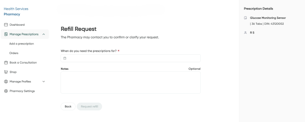 The request a refill screen