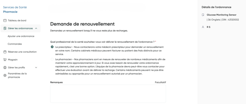 L'écran Demander un renouvellement