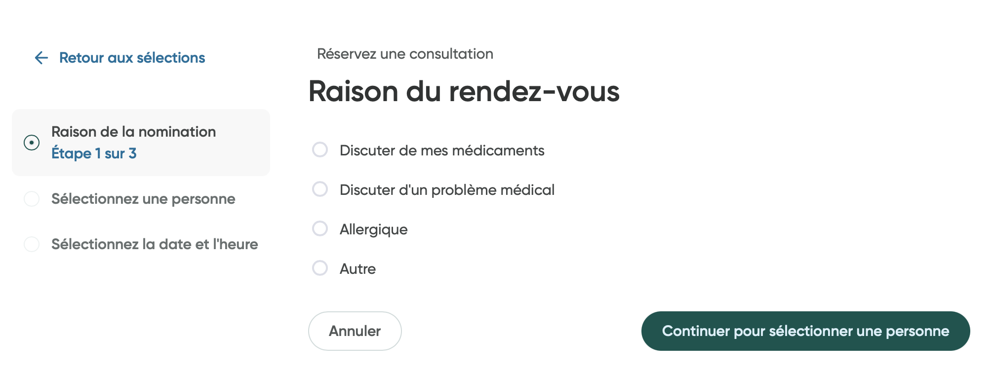 Écran Raison du rendez-vous
