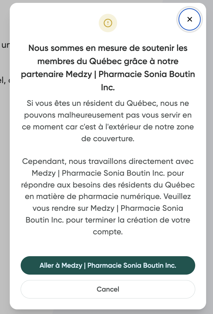 Invite de redirection vers Medzy lors de l'ajout d'une adresse au Québec