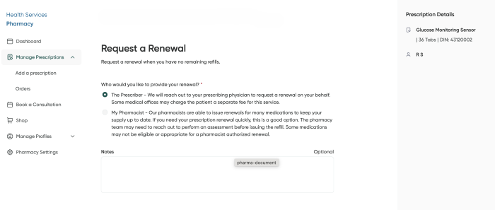 The Request a renewal screen