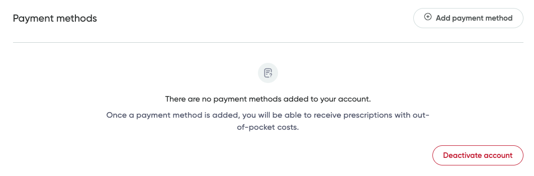 Payment methods screen where you can add card details and associate a card to a profile.