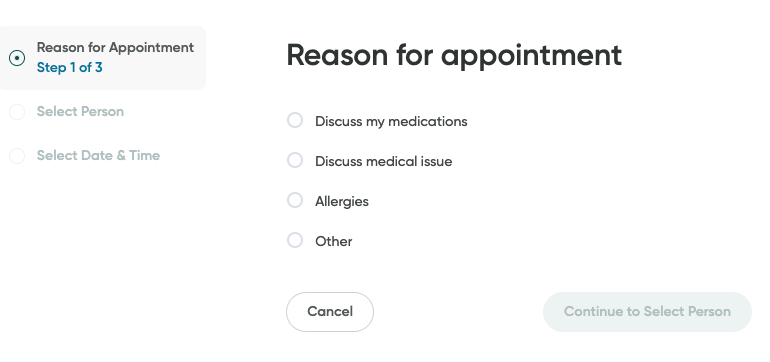 Reason for appointment screen