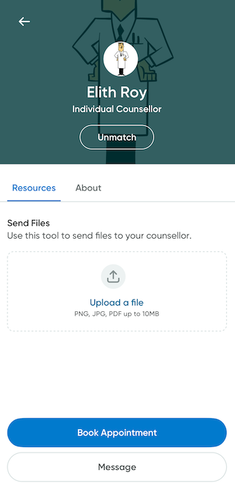 An overview of the counsellor profile and resources screen.