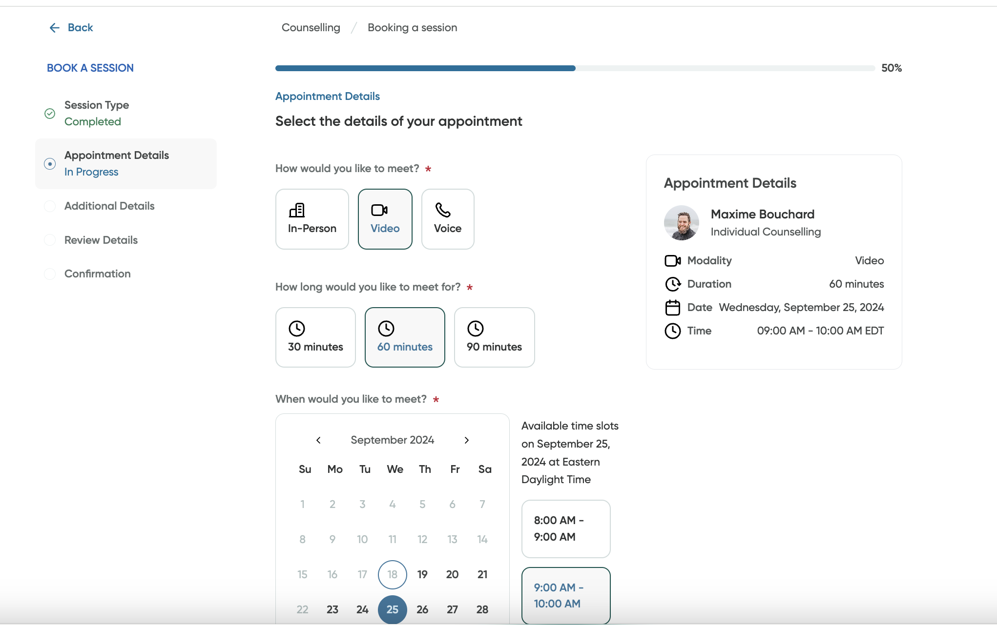 Appointment details screen of the appointment booking processes.