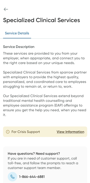 The specialized services overview screen.